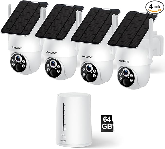 Solar Security Camera Wireless Outdoor, 4 Cam-Kit, Solar-Powered, 2K Home Security System, 360 Pan & Tilt, Color Night Vision, Motion Detection, 64GB Memory Card, No Monthly Fee