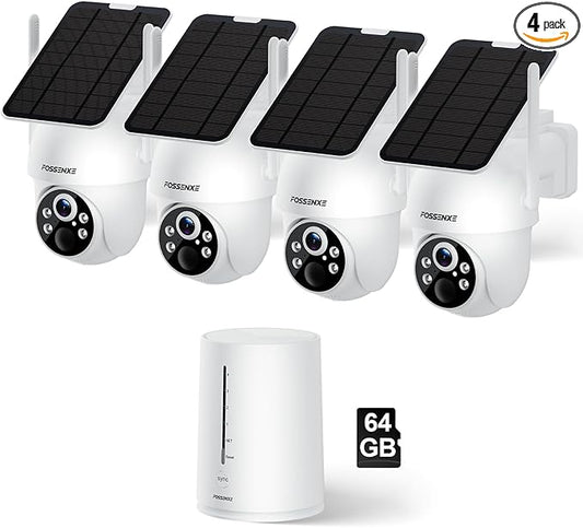 Solar Security Camera Wireless Outdoor, 4 Cam-Kit, Solar-Powered, 2K Home Security System, 360 Pan & Tilt, Color Night Vision, Motion Detection, 64GB Memory Card, No Monthly Fee