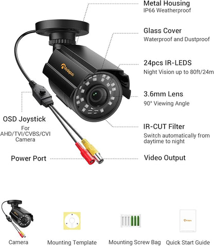 Anlapus 1080P Hybrid 4 in 1 Security Camera, HD TVI/CVI/AHD/CVBS Indoor Outdoor CCTV Bullet Cam, Metal Housing, IP66 Weatherproof, 80ft Night Vision, for 960H,720P,1080P,5MP,4K Analog Surveillance DVR