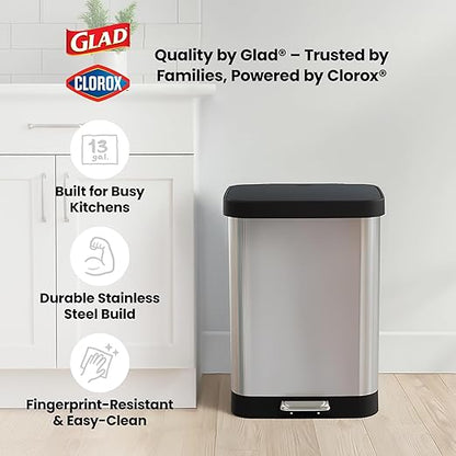 Glad GLD-74506 Stainless Steel Step Trash Can with Clorox Odor Protection | Large Metal Kitchen Garbage Bin with Soft Close Lid, Foot Pedal and Waste Bag Roll Holder, 13 Gallon, Stainless