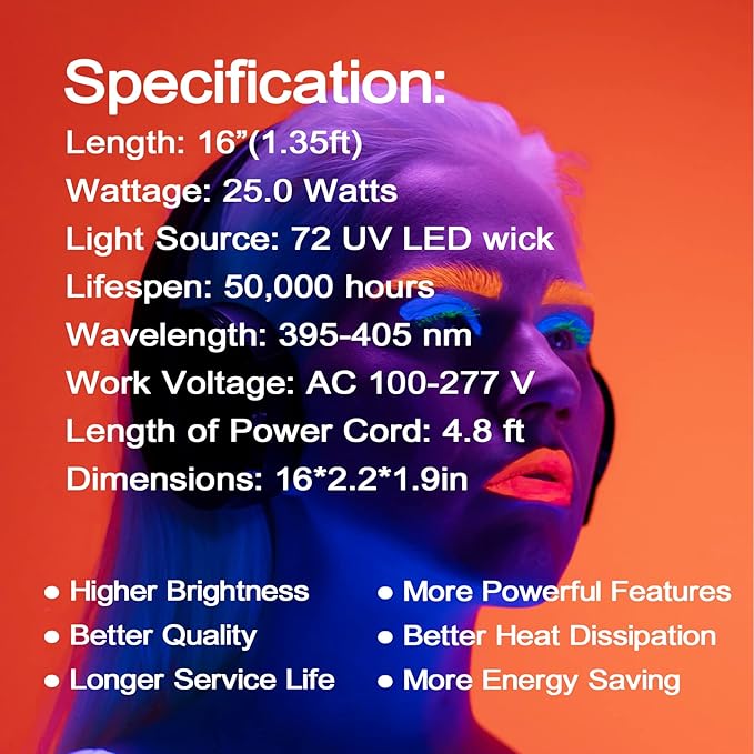 Upgrade 25W LED Black Light Bar - 72 UV Big LED Chip 395-405 nm, Black Lights for Glow Party - Blacklight Bar for Fluorescent Posters, Glow in The Dark Party, Stage Lighting, Body Painting, Halloween