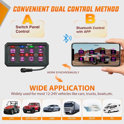Nilight 8 Gang Switch Panel APP RGB 12V 24V Circuit Control System 4-Mode | w/Power Source Switch APP Remote Control Automatic Dimmable Toggle/Momentary/Strobe/Flash for Car Pickup Truck Camper SUV