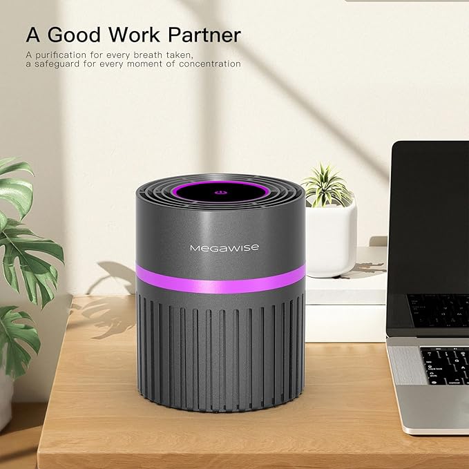 MEGAWISE H13 HEPA Air Purifier for Bedroom, Office & Small Rooms, 3-Stage Filtration with 360° Air Intake, 24dB Quiet Sleep Mode, Activated Carbon Filter for Smoke, Dust, Pet Dander & Odor, Ozone Free