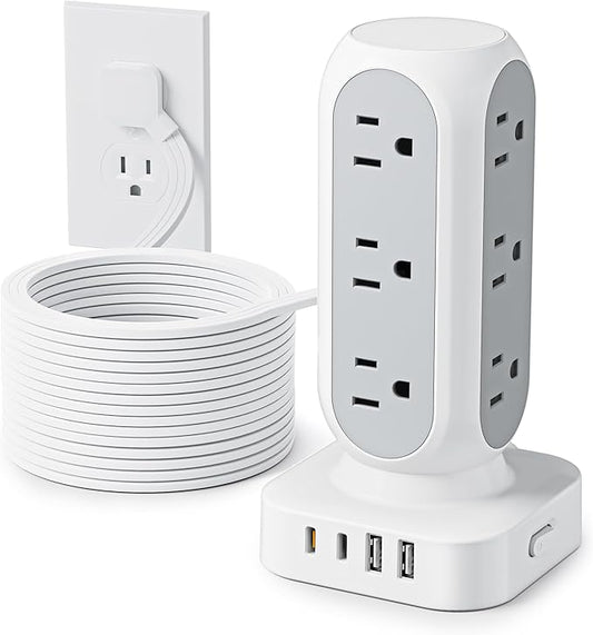 Flat Plug Power Strip Tower 15FT, 40W Total Fast Charging Station, Dual PD 20W USB-C Surge Protector with 12 AC Outlets and 8 USB Ports (4 USB C), Long Extension Cord for Home Office Dorm Room