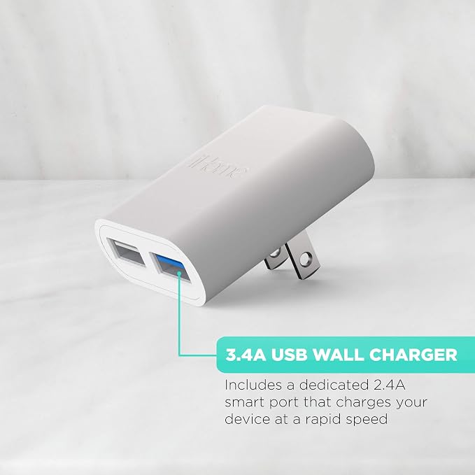 iHome Slim 2-Port USB Wall Charger, Flat Multiport Travel Plug Adapter | Dual USB-A ports, 2.4A Rapid Charge, Foldable Prongs, Slim Design, Compatible with iPhone, Android, iPad, AirPods for Home