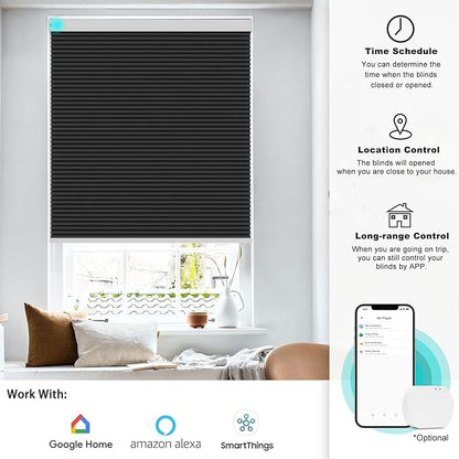Changshade Motorized Cellular Shades Remote Control Blackout Room Darkening for Indoor Windows, Custom Size Smart Honeycomb Blinds Electric Automatic Solar Panel Work with Alexa, Google Home, Black
