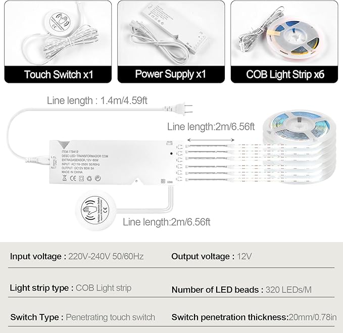 12V White COB LED Strip Light Kit-6pcs 3.3FT Self-Adhesive LED Strip Parallel with Dimmable Touch Sensor Switch, Led Light Strip for Wood Slat Wall Panels, Home decor, Under Cabinet Strip Light