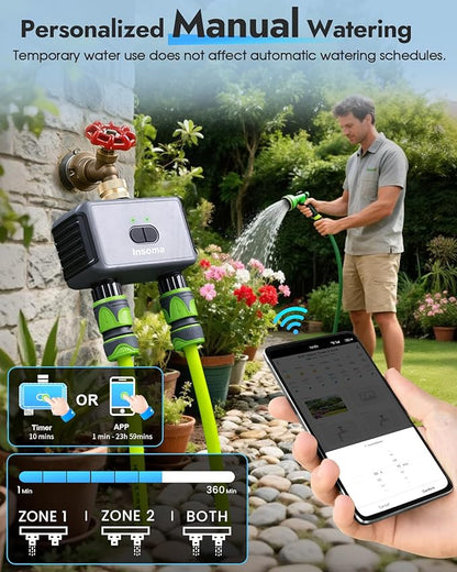 Insoma 2-Zone WiFi Water Timer for Garden Hose, WiFi Hose Timers with Brass Inlet, No-Gateway 2.4GHz Remote APP & Voice Control (Alexa/Google), Rain Delay & Manual Mode for Yard Lawn Garden Watering