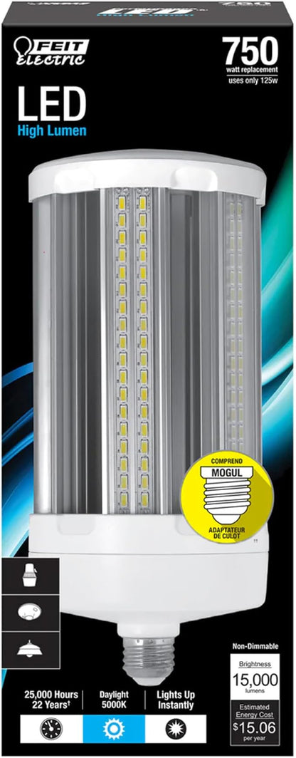 Feit Electric 125W LED Corn Cob Light Bulb, 15,000 Lumens, 5000K Daylight, 750W Equivalent, Mogul Base Adapter Included, 25,000 Hour Life, Energy Saving for Barns, Warehouses & Large Spaces