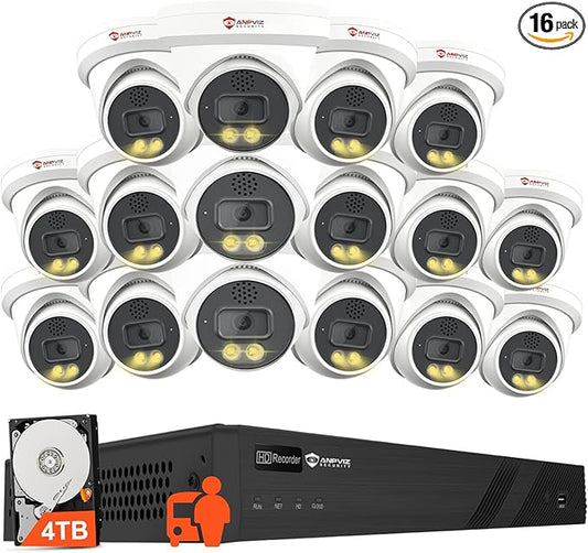 Two Way Audio - Anpviz 16CH 4K PoE Security Camera System, 16PCS 8MP Wired IP Turret Cameras Outdoor, Smart Color Night Vision, Human Vehicle Detection, 12MP PoE NVR with 4TB HDD for 24/7 Recording