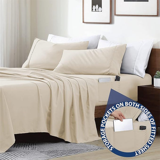 Swift Home Smart Sheets, Ultra Soft Brushed Microfiber 4-Piece Sheet Set, Fitted Bed Sheet with Side Storage Pockets – Cream, Full