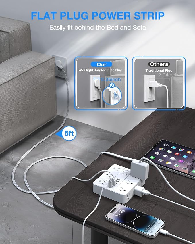 Extension Cord Power Strip, HUNIAN 10Ft Flat Plug Extension Cord | 12 Widely Spaced Multiple Outlets 6 USB (2 USB C Ports), Outlet Extender with Power Switch for Home Office Supplies, White