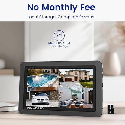 CasaCam Deluxe Wireless Security Camera System | 2 1080p Floodlight Cameras and one 7" Touchscreen Monitor | AC Powered, Two-Way Audio, Free APP, 32GB SD Card and Battery Installed, Model VS5002