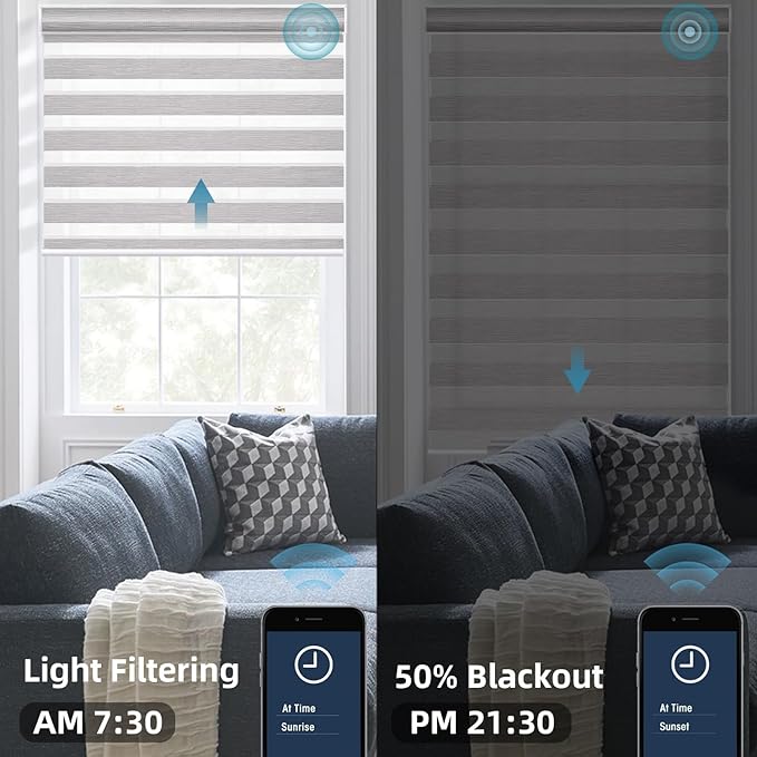 SmartWings Motorized Zebra Blinds with Remote, Custom Size Smart Electric Roller Shades for Windows, Automatic Light Filtering Dual Layer, Cordless Battery Motor, 75mm 60% Blackout Light Grey