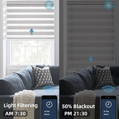 SmartWings Motorized Zebra Blinds with Remote, Custom Size Smart Electric Roller Shades for Windows, Automatic Light Filtering Dual Layer, Cordless Battery Motor, 75mm 60% Blackout Light Grey