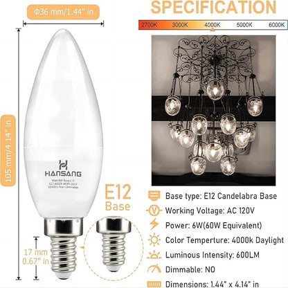 8 Pack E12 Candelabra LED Light Bulbs 4000K Natural Daylight, Small Base Type B Light Bulb for Chandelier, 6W 60Watt Equivalent, B11 Ceiling Fan Light Bulbs, 600LM, Non-dimmable