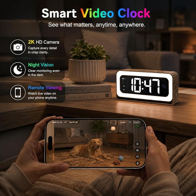 Clock Camera 2K,5G&2.4G WiFi Indoor Security Camera Wood Grain,Cameras for Home Security,3 in 1 Indoor Camera with Alarm,Full Color Night Vision Human Motion Detection Local Storage