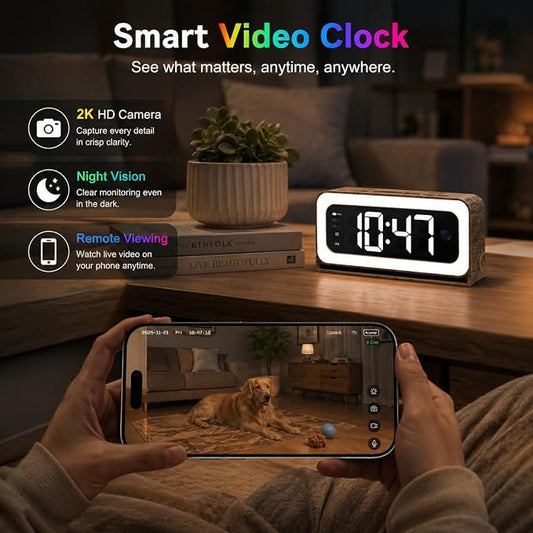 Clock Camera 2K,5G&2.4G WiFi Indoor Security Camera Wood Grain,Cameras for Home Security,3 in 1 Indoor Camera with Alarm,Full Color Night Vision Human Motion Detection Local Storage
