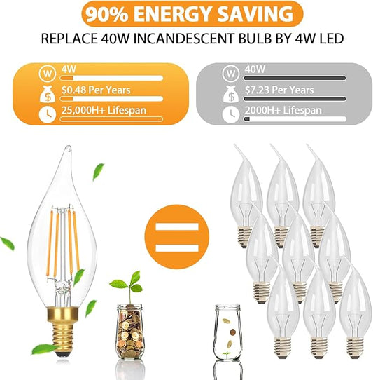 GoBright Dimmable E12 LED Candelabra Bulb 40W Equivalent, 460LM Soft Warm White 2700K Candle Light With Vintage Flame Tip, 4W CA10 Clear Glass for Chandelier, Pendant, 6-Pack