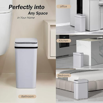 FRESHLIX Bathroom Trash Can 2.6 Gallon Automatic Small Garbage Can with Lid, Slim Motion Sensor Plastic Narrow Trash Bin for Bedroom, Kitchen, Office (A-Basic Battery Supply-Grey, 1 Pack(2.6 Gallon))