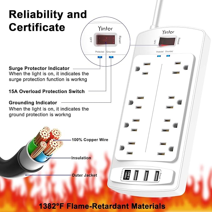 Yintar 10Ft Surge Protector Power Strip with 8 Outlets and 4 USB Ports | 10 Feet Flat Plug Extension Cord with Multiple Outlets for Home, Office, Dorm Essentials, 2700 Joules, ETL, White