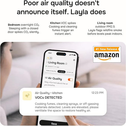 Layla Smart Home Agent — 9-in-1 Smart Sensor, Noise & Motion Detector, Air Quality Monitor with CO2, bVOC, Humidity & Energy Tracking | AC Controller, Works with Alexa & Google Home | No Subscription