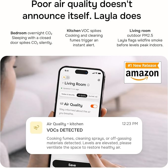 WiFi CO2 Detector & VOC Air Quality Monitor — Smart Indoor Tester with App Alerts, LED Display, Temp & Humidity Tracker for Home, Office, Bedroom & Airbnb (Alexa & Google Home)