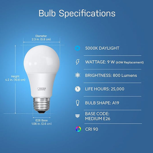 Feit Electric OM60/950CA/AG 60W Equivalent 2.4GHz WiFi Dimmable, No Hub Required, Alexa Google Assistant A19 Smart LED Light Bulb, 4.4" H x 2.3" D, 5000K Daylight