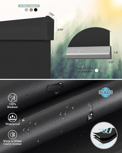 Yoolax Motorized Shower Roller Shades for Bathroom with Remote Control, Automatic Heavy Duty Thick Fabric Shower Curtain Compatible with Alexa, Blackout Battery Solar Powered Blind Custom (Dark Grey)