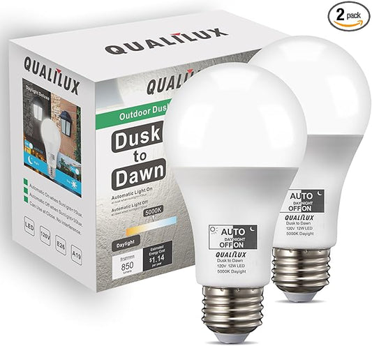 Qualilux Dusk to Dawn LED Light Bulbs 850LM, 60W Equivalent, Daylight, Energy-Efficient 9.5W, A19, E26 Base, 2-Pack, HQ-H011
