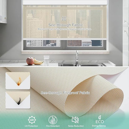 Motorized Roller Shades, Light Filtering Remote Control Custom Window Shades Compatible with Alexa Google Assistant via RF Hub, Rechargeable Electric Blinds for Windows (Fireproof Beige)