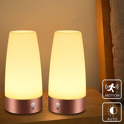 WRalwaysLX 2Pack Round Bedside Lamp PIR Motion Sensor LED Night Light,3 Modes Battery Powered Small Table Lamp,USE 3x1.5VAAA Battery,Sensitive Portable