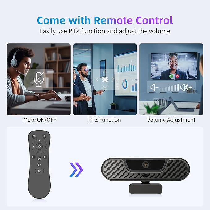 4K Webcam, UHD PTZ PC Camera with Speaker and 4 Microphones, Supporting Remote Control, Digital Zoom, Autofocus, Privacy Cover and Tripod, for Video Calls and Conferences and Live Streaming