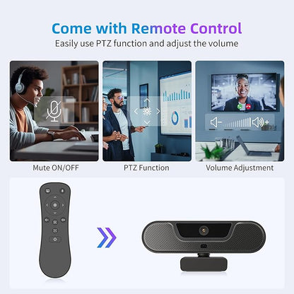 4K Webcam, UHD PTZ PC Camera with Speaker and 4 Microphones, Supporting Remote Control, Digital Zoom, Autofocus, Privacy Cover and Tripod, for Video Calls and Conferences and Live Streaming