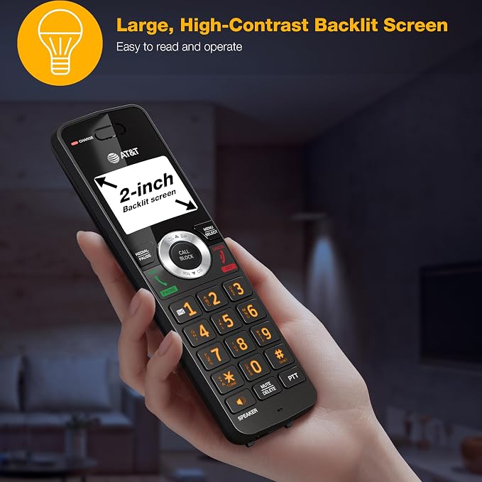 AT&T 5-Handset Expandable DECT 6.0 Cordless Home Phone with Large Display, Big Buttons, Answering Machine, Smart Call Blocker, Long Range, Caller ID, Speakerphone, Intercom: CL82518 (Charcoal Black)