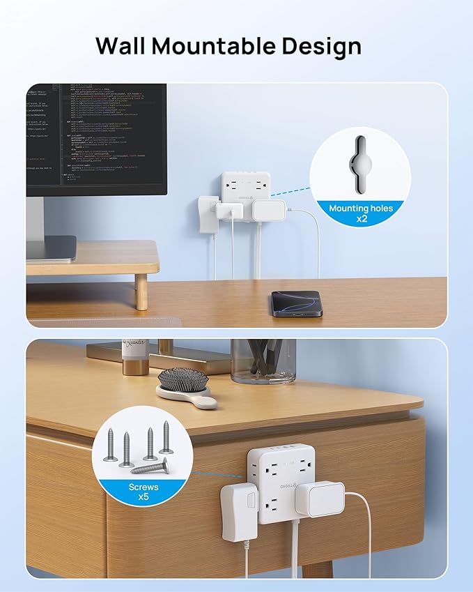 TROND Power Strip, 360° Rotating Flat Plug, 8 Widely Spaced Outlets, 2U2C Ports, Flat Plug Extension Cord 3ft, 1440J Surge Protector, 1625W, White