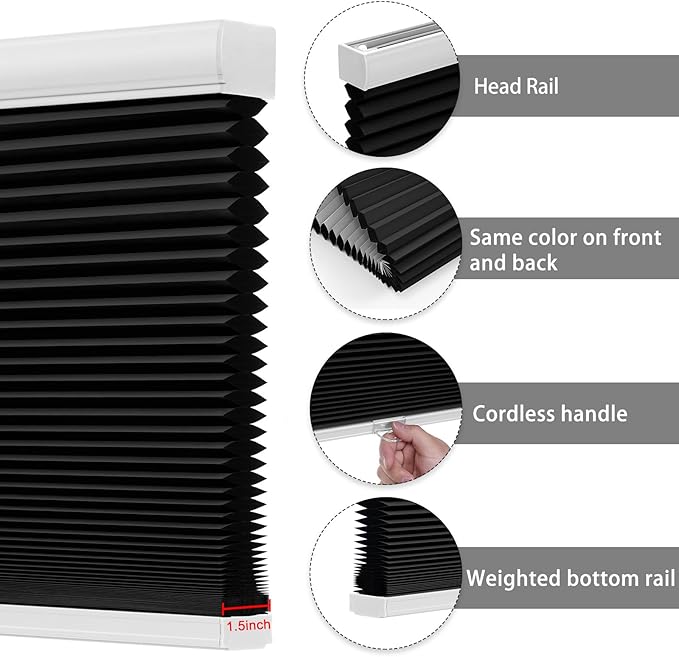 Changshade Black Blinds for Windows Cellular Shades Cordless, Window Shades Blackout Honeycomb Blinds Pleated Room Darkening for Home, Living Room, Bedroom, Bathroom, Easy to Install