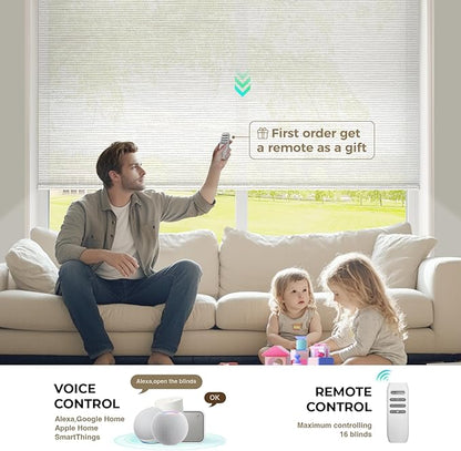 HeyBlinds Motorized Blinds with Remote, Smart Roller Shades with App & Voice Control, Work with Alexa Google HomeKit, Light Filtering Custom Shades for Living Room Office (Light Chaser-Cream LF)