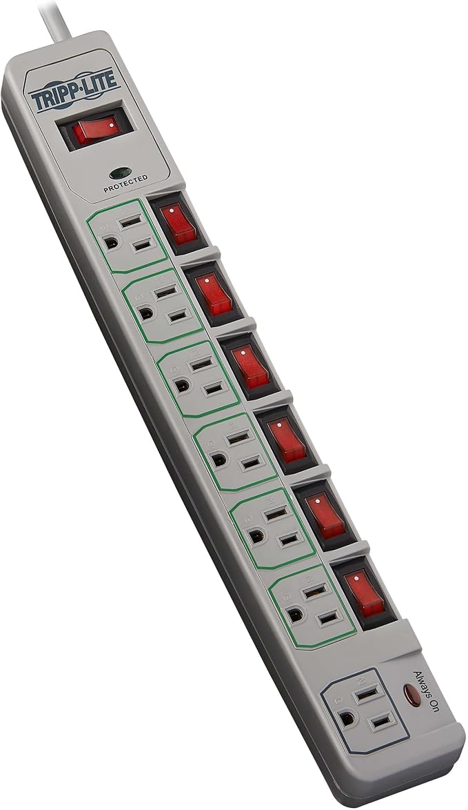 Tripp Lite 7-Outlet Surge Protector Power Strip with 6 Individually Controlled Switches, 6 Foot / 1.83M Cord, Lifetime Limited Warranty & $25,000 Insurance (TLP76MSG)