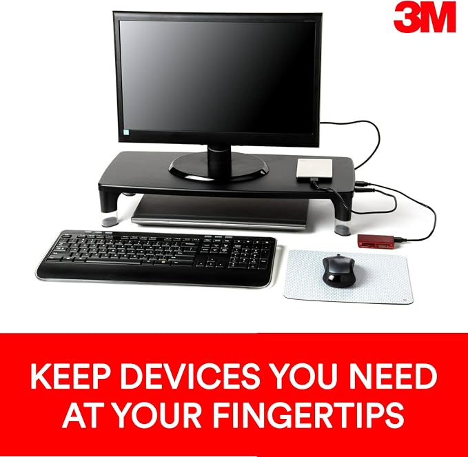 3M Monitor Computer Stand, 21.6 in x 9.4 in, 4 Port USB Hub | Height Adjustable Monitor Riser For Desk, Office, Home With Underneath Storage Space, No Skid