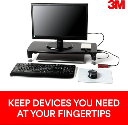 3M Monitor Computer Stand, 21.6 in x 9.4 in, 4 Port USB Hub | Height Adjustable Monitor Riser For Desk, Office, Home With Underneath Storage Space, No Skid