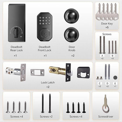 Ulecoce Keyless Entry Door Lock Set WiFi Smart App Control Door Lock for Front Door Keypad Deadbolt with 2 Knobs Auto Lock One Time Codes Easy Install, Black