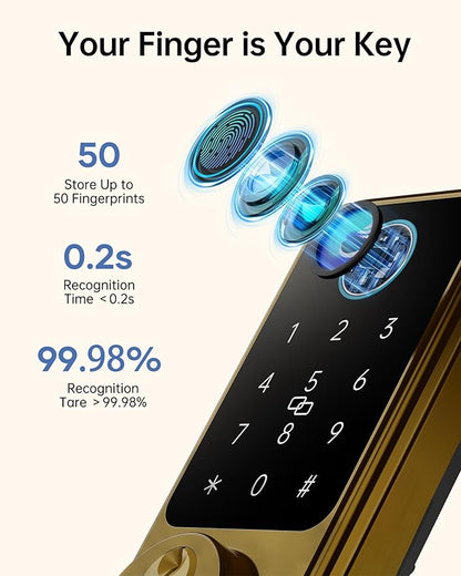 Hornbill Keyless Entry Door Lock, Smart Front Door Lock Set, Smart Deadbolt Keypad Handle Set for Home/House/Airbnb/Office, Auto-Lock,Satin Brass