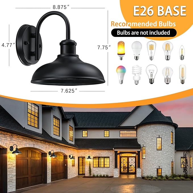 Gooseneck Outdoor Light Fixtures, 2-Pack Farmhouse Barn Lights for Porch, Industrial Black Exterior Wall Sconce for Garage, Patio, E26 Base Anti-Rust for Garage Frontdoor Entryway Doorway