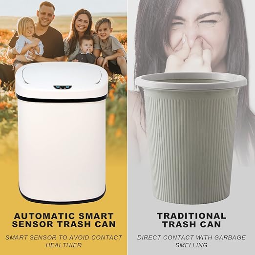 HCY Kitchen Trash Can 13 Gallon Automatic Metal Garbage Can Stainless Steel Waste Bin with Lid Smart for Kitchen,Office,Living Room,Bathroom(White), 16'(L)x11'(W)x25(H)'