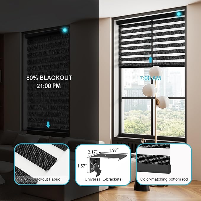 Motorized Zebra Blinds with Remote, Work with HomeKit Alexa, Smart Light Filtering Horizontal Automatic Electric Window Shades for Home Office Customsize(80% Blackout Oceanwave Black)