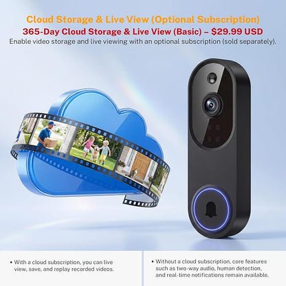 Video Doorbell Camera, Wireless Security Camera, 1080p, Battery Powered, AI Motion Detection, Night Vision, Two-Way Audio, Cloud Storage, 2.4 GWi-Fi, for Visitor, Baby Monitor