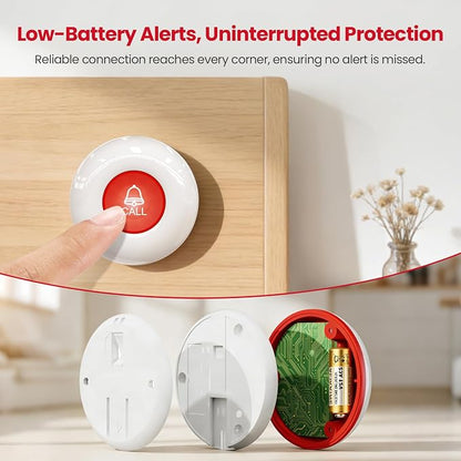CallToU Wireless Caregiver Pager, 3 Buttons, 2 Portable + 1 Plug-in | Help for Seniors at Home; Dual Battery Vibration Alerts; Outlet Sound/Flash Chime; Bedside, Bathroom & Multi-Room Use