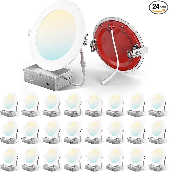 Amico 24 Pack 6 Inch Fire Rated LED Recessed Light with Junction Box, 2 Hour Fire Rating, 5CCT Selectable Ultra-Thin Ceiling Light, 1400LM, Dimmable Canless Wafer Downlight, ETL&FCC, No Tenmat Needed