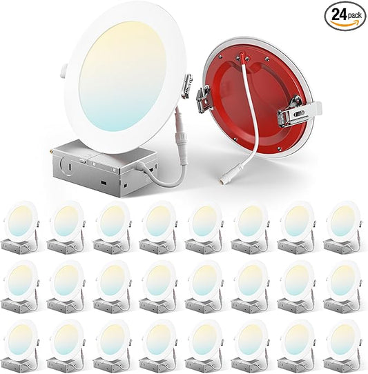 Amico 24 Pack 6 Inch Fire Rated LED Recessed Light with Junction Box, 2 Hour Fire Rating, 5CCT Selectable Ultra-Thin Ceiling Light, 1400LM, Dimmable Canless Wafer Downlight, ETL&FCC, No Tenmat Needed